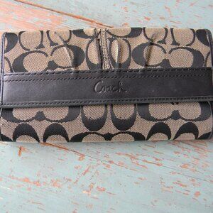 COACH BLACK/TAN SIGNATURE LARGE CANVAS/LEATHER LOGO WALLET